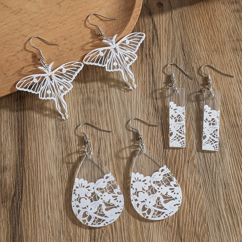 Transparent Acrylic Rectangular Teardrop Butterfly Print Earrings